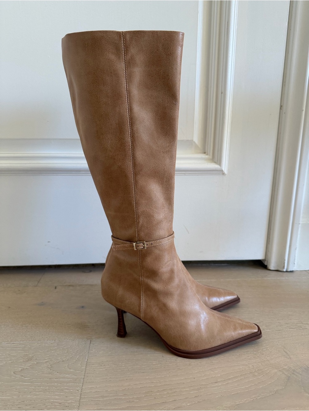 Zara Camel Tan Knee-High Pointed-Toe Heeled Boots - Picture 3 of 14